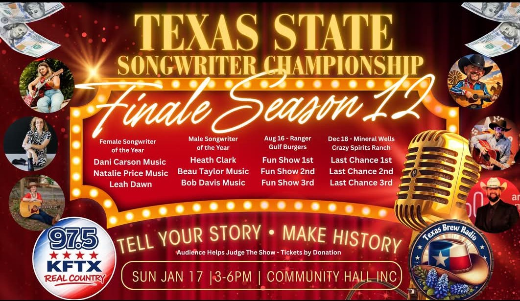 Texas State Songwriter Championship, Finale Season 12, Sunday January 17 2027, 3 to 6 PM, Community Hall Inc, Robstown TX